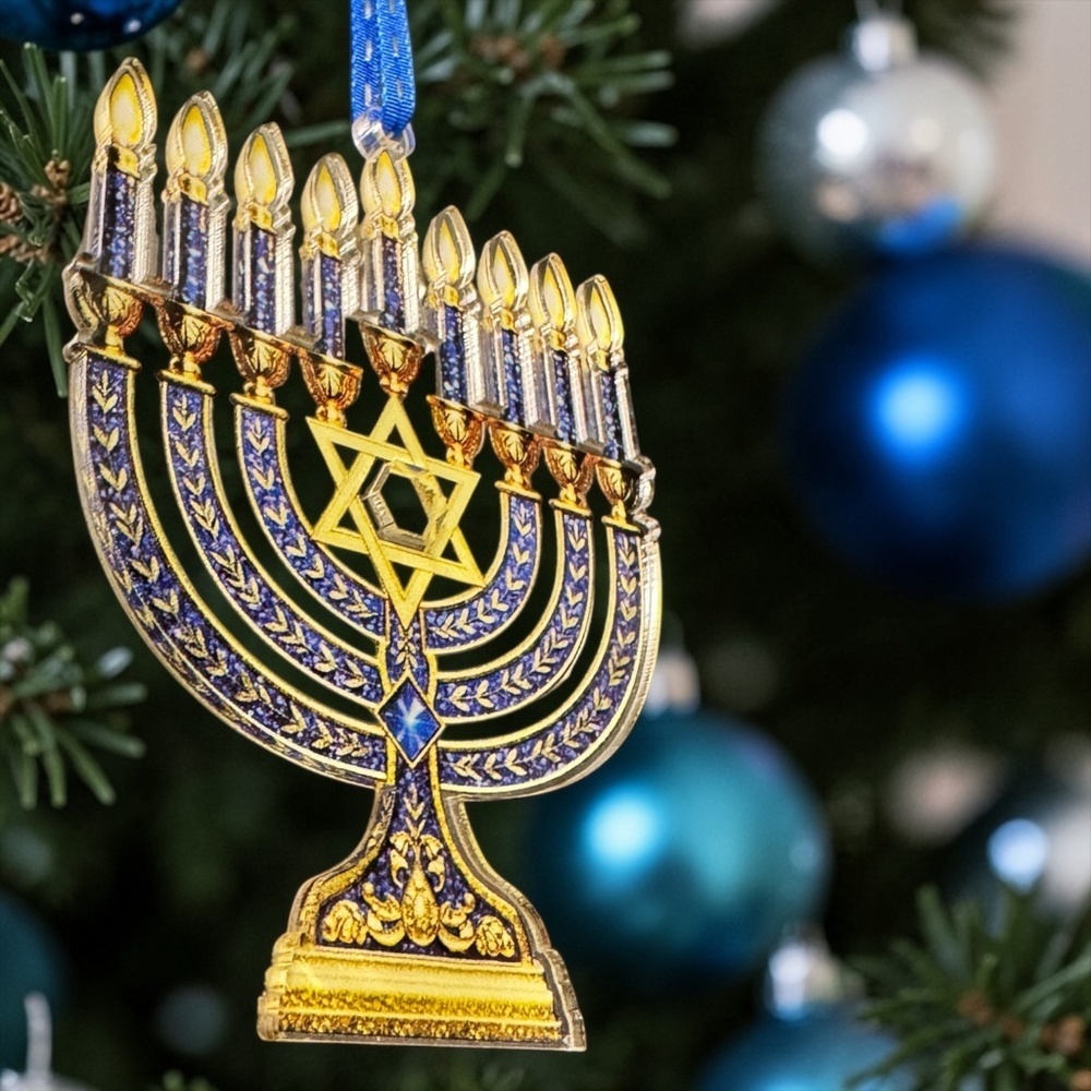 Menorah Ornament Hanukkah Tree Decor Blue Gold Jewish Holiday Gift - Picture 2 of 9